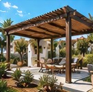 Deniz manzaralı terasta ahşap pergola